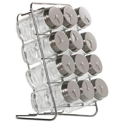SET OF 12 GLASS SPICE BAR WITH STAINLESS STEEL LID.W/METAL SUPPORT CUL82870