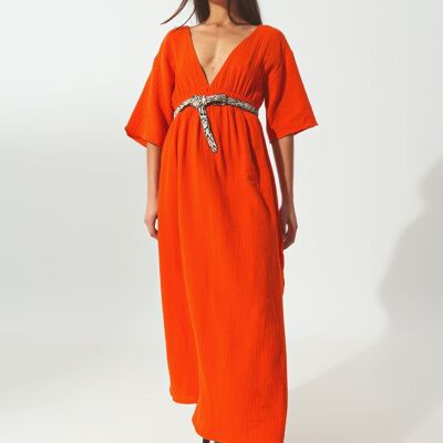 Robe longue texturée à col en V en orange