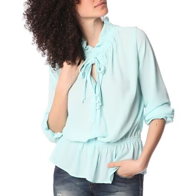 Blouse turquoise à volants et lien à nouer