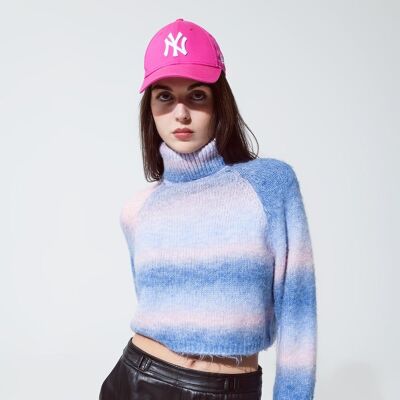 Turtleneck Sweater in Fluffy Knit in Blue And Pink Degrade