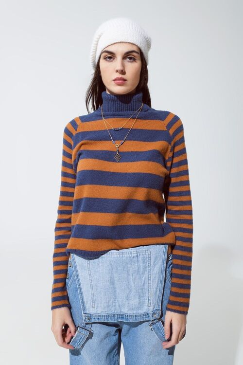 Turtleneck sweater with stripes in blue and brown