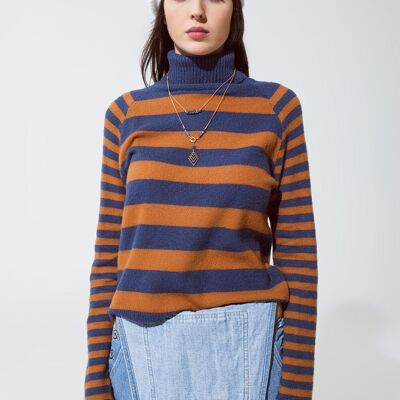 Turtleneck sweater with stripes in blue and brown