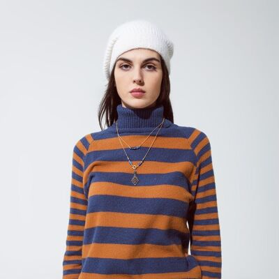 Turtleneck sweater with stripes in blue and brown