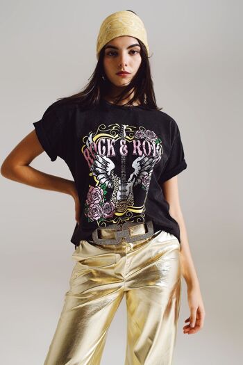 T-shirt vintage imprimé rock and roll en noir 1