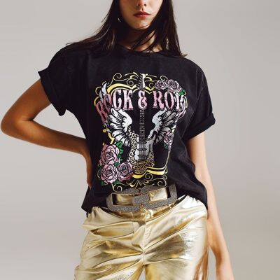 T-shirt vintage imprimé rock and roll en noir