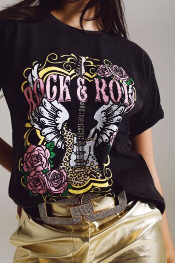 T-shirt vintage imprimé rock and roll en noir 2