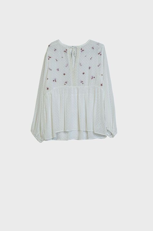 White chiffon blouse with flower embroidery