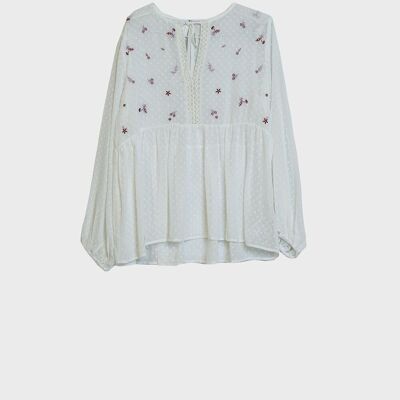 Blusa in chiffon bianco con ricami floreali