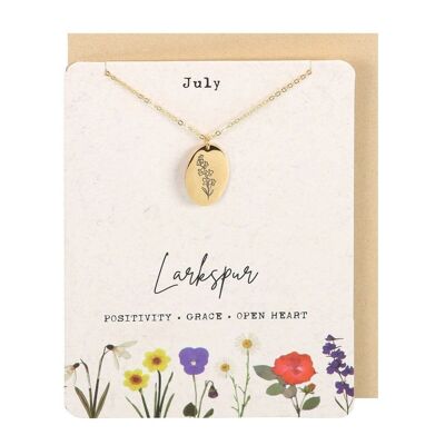 Carte de collier de fleurs de naissance de pied d'alouette de juillet