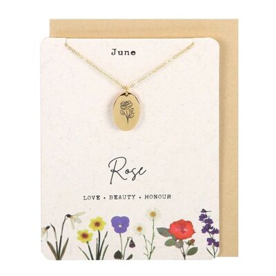 Carte de collier de fleurs de naissance Rose de juin