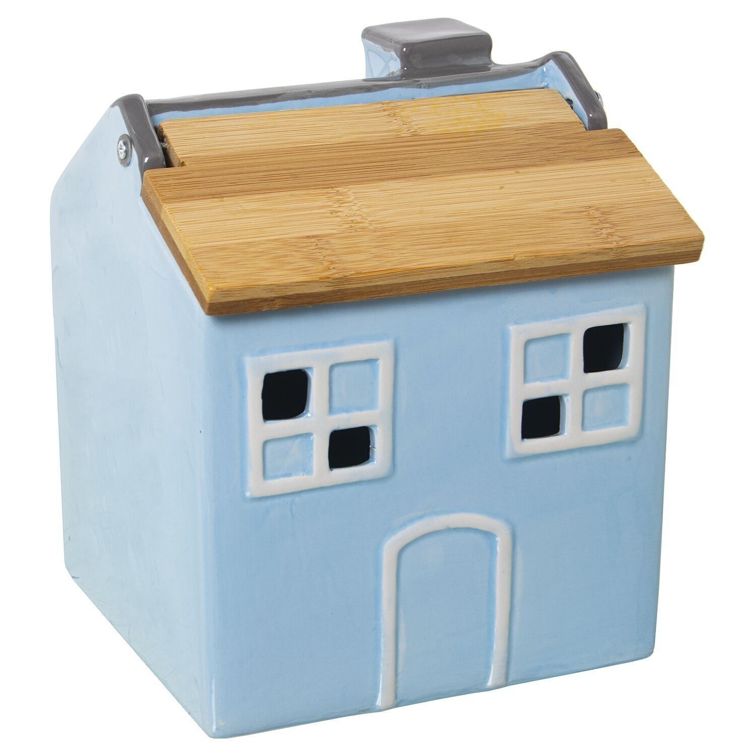 BOTE AJOS CERAMICA CELESTE C/TAPA MADERA BAMBU CUL1159