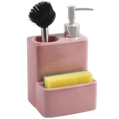 PINK CERAMIC SCRUBBER DISPENSER WITH BRUSH AND SPONGE CUL1154