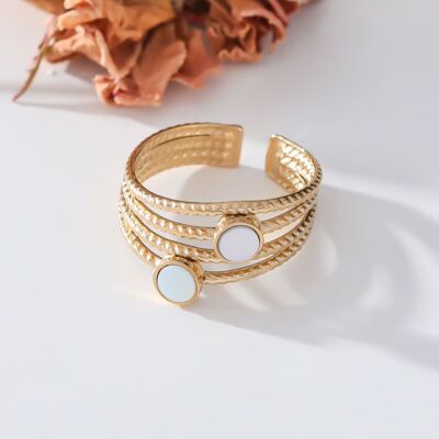 Multi-line gold ring with two mother-of-pearl circles