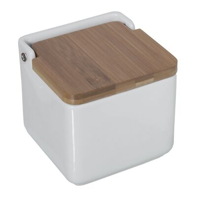 WHITE CERAMIC SALT SHAKER WITH WOODEN COVER CUL1126