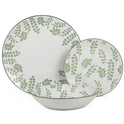 DINNERWARE 18 PIECES WHITE PORCELAIN GREEN LEAVES, FLAT PLATE: ø27 CUL7264