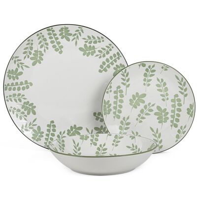 VAISSELLE 18 PIÈCES PORCELAINE BLANCHE FEUILLES VERTES, ASSIETTE PLATE: ø27 CUL7264