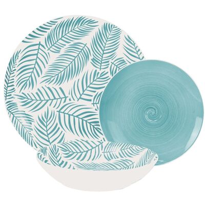 VAISSELLE 18 PIÈCES PORCELAINE FEUILLE BLEUE, ASSIETTE SLAIN:ø27CM CUL7260