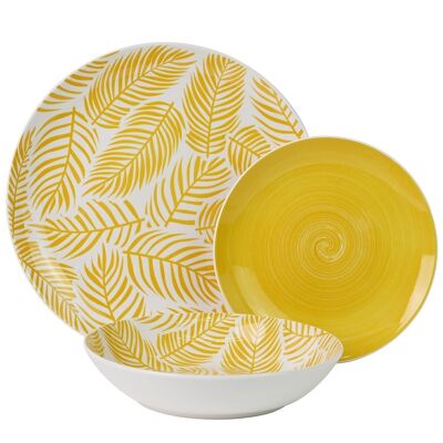 VAJILLA 18 PZS PORCELANA AMARILLO HOJAS, PLATO LLANO:ø27CM CUL7259