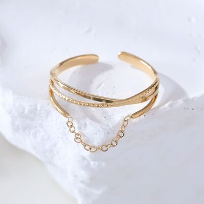Gold ring with crossed lines and hanging chain