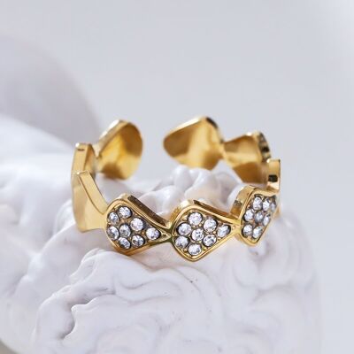 Gold multi triangle ring with rhinestones