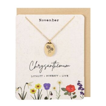 Carte de collier de fleurs de naissance de chrysanthème de novembre 1