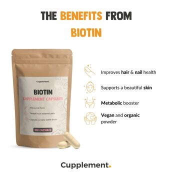Cupplement - Biotine 100 gélules - 5 mg par gélule - Cheveux - Superaliment - Supplément - Croissance des cheveux - Sans poudre, comprimés ni shampoing - Biotène - Biotine 7