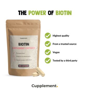 Cupplement - Biotine 60 Capsules - 10.000 mcg par capsule - Cheveux - Superaliment - Supplément - Croissance des cheveux - Sans poudre, comprimés ni shampoing - Biotène - Biotine 9