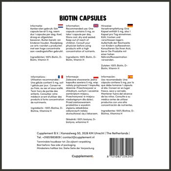 Cupplement - Biotine 100 gélules - 5 mg par gélule - Cheveux - Superaliment - Supplément - Croissance des cheveux - Sans poudre, comprimés ni shampoing - Biotène - Biotine 9
