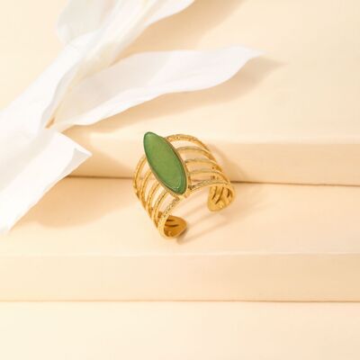 Wide gold multi line ring with green stone