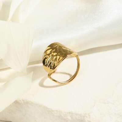 Asymmetrical hammered gold ring