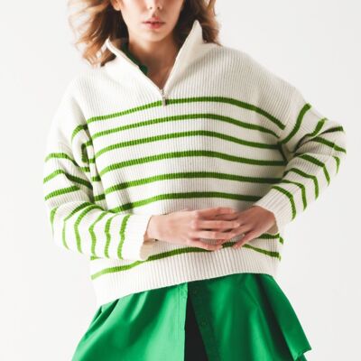 Pull rayé à col zippé vert