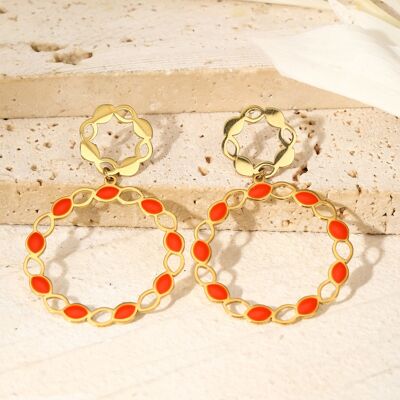 Double circle flower earrings with orange enamel