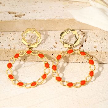 Boucles d'oreilles double cercle fleur avec émail orange