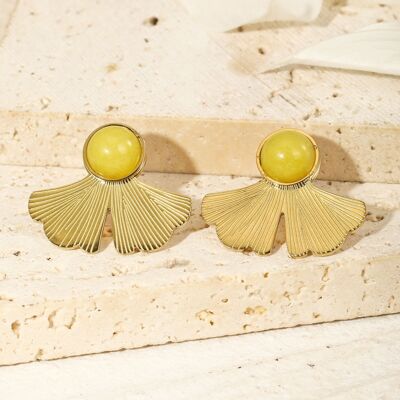 Golden earrings with yellow stone and two petals
