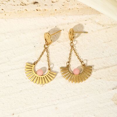 Golden half sun dangling earrings with pink stone