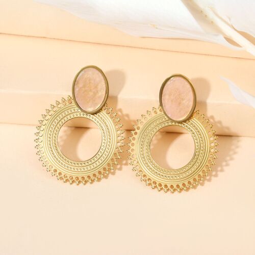 Boucles d'oreilles cercle rond avec pierre ovale rose