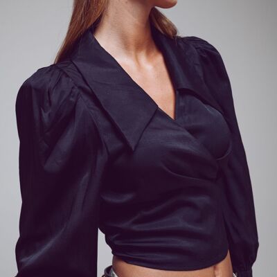 Wrap Cropped Satin Shirt With Oversized Collar in Black
