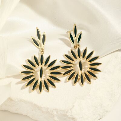 Golden black enamel sun earrings