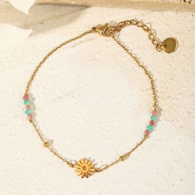 Bracelet chaîne dorée avec pendentif soleil et pierre rose/bleu