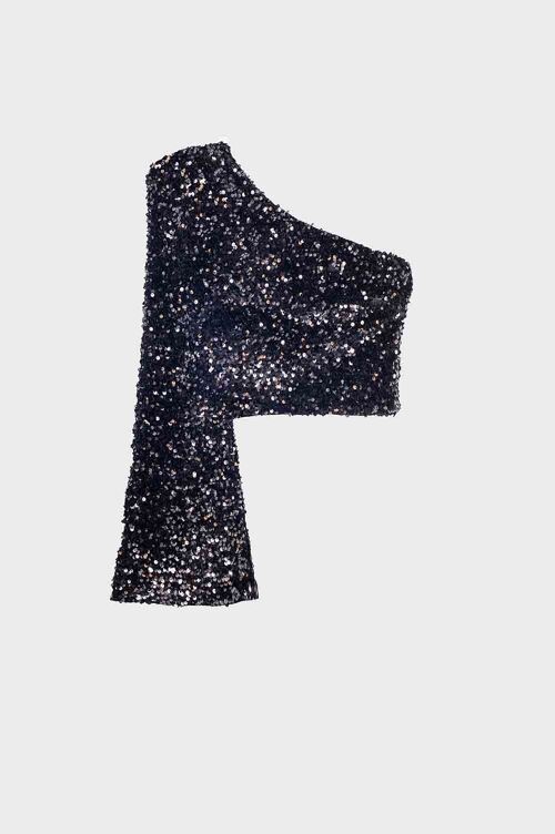 Glitter sequins top with one shoulder in black