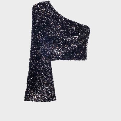Glitter sequins top with one shoulder in black