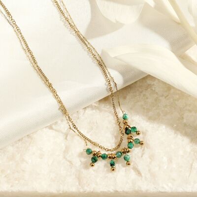 Double gold chain necklace with green stones