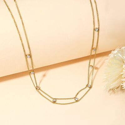 Double gold chain necklace with rhinestones