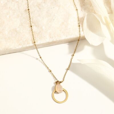 Golden chain necklace with round pendant and beige stone