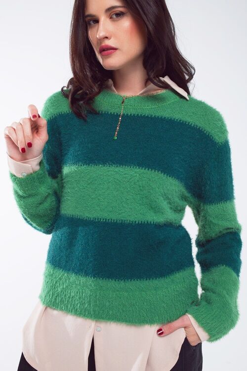Green sweater with stripes and a crew neck