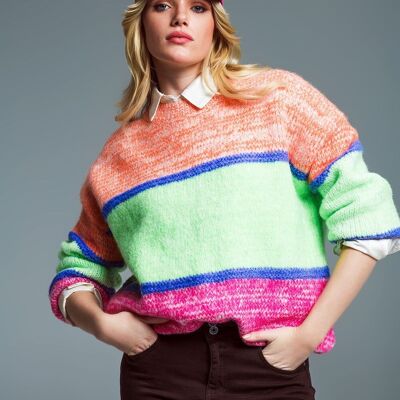 Mehrfarbiger Pullover mit Rundhalsausschnitt und Streifen