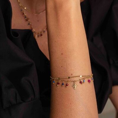 Taïla bracelet - 2 rows, natural stones and starry cross pendant