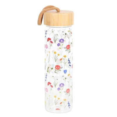 Wildblumen-Wasserflasche aus Glas und Bambus