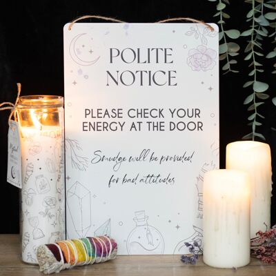 „Check Your Energy at the Door“-Metallschild zum Aufhängen