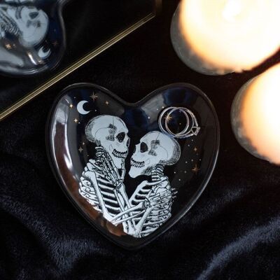 Piatto portagioie a forma di cuore con coppia di scheletri